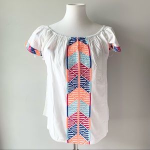 Solitaire White Flowy Sleeve Aztec Colorful Top Size Small